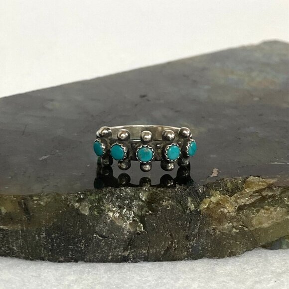 VTG Sterling Silver 925 Snake Eyes Round Turquoise Petit Point Ring Sz 5.75 - Picture 2 of 16